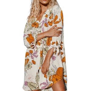 CUPSHE Women Floral Shift Dress Cover Up Beach Dress 3/4 Sleeve Button Down Midi